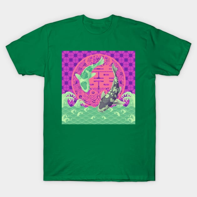 Double Happiness Green Koi Fish Dancing in the Ocean with Pink Tile Floor Pattern T-Shirt by CRAFTY BITCH